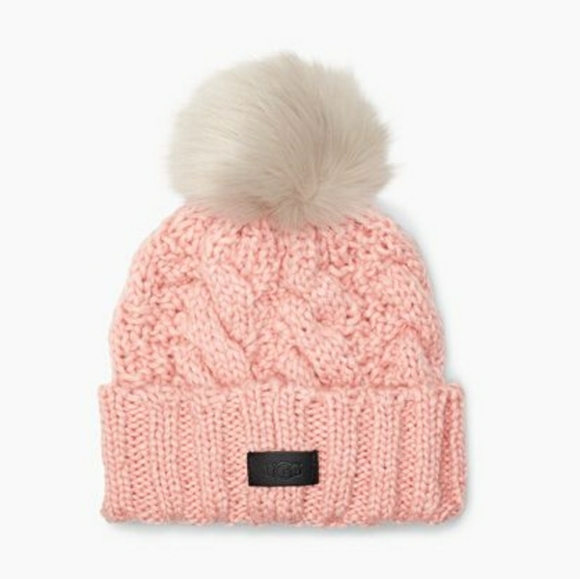 UGG Accessories - UGG Pom Knit Cable Beanie Faux Fur Pink Winter Hat